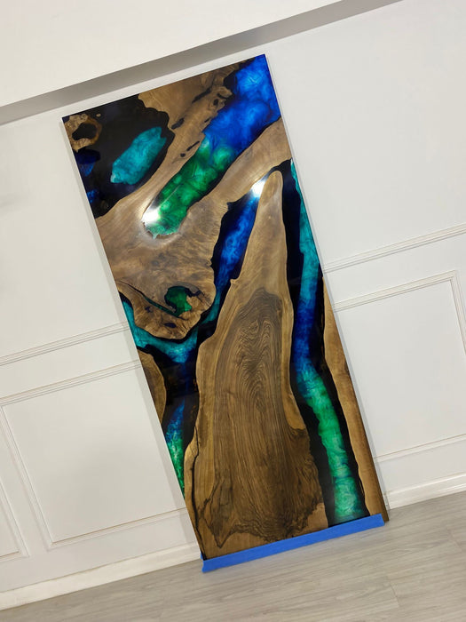 Custom 84” x 35” Walnut Blue, Turquoise, Green Epoxy Barn Door for Roger