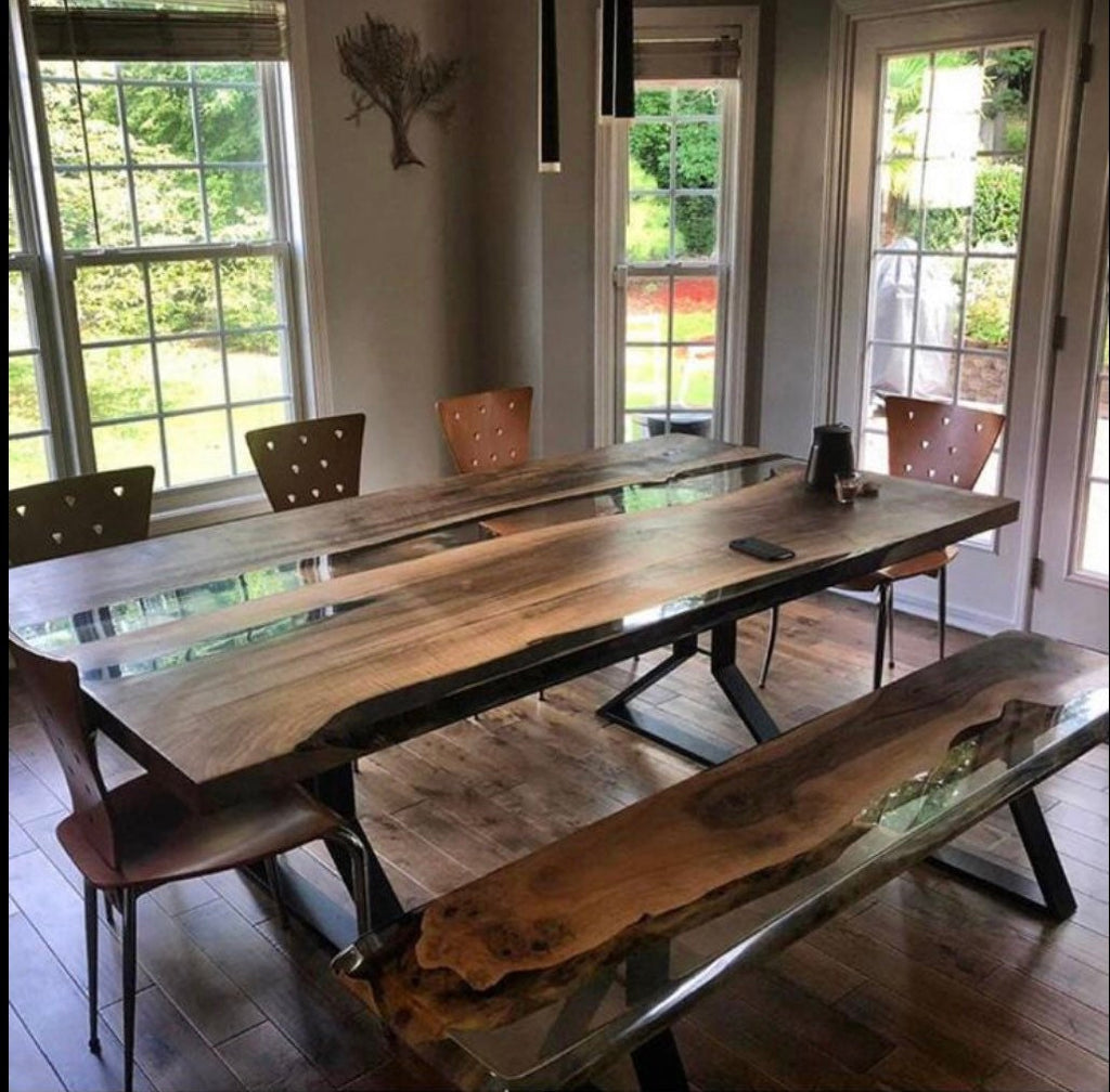 Made to Order Custom Table, Clear Epoxy Resin Table with Bench, Walnut ...