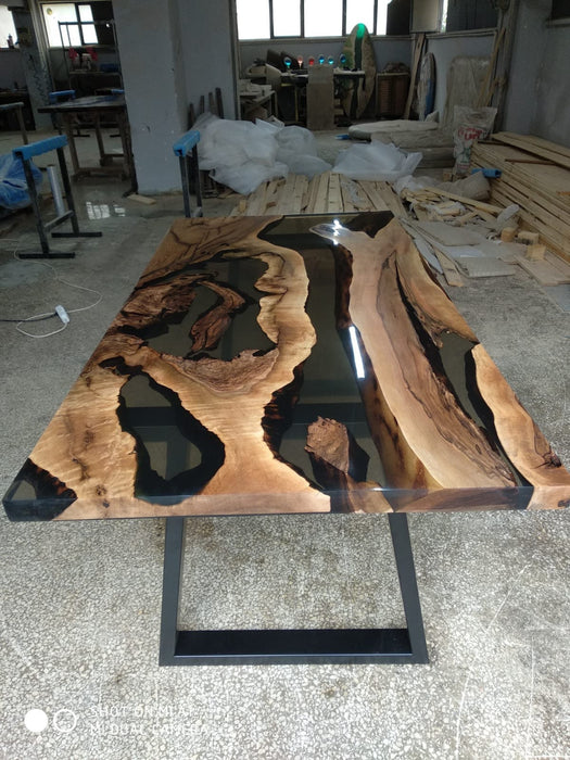 Custom 72” x 36” Walnut Smoke Gray Epoxy River Table Order for Yelena