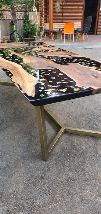 Walnut Dining Table, Custom 108” x 48" Walnut Black Table, Custom Gold Leaf Table, Live Edge Table, Custom Order for Evyn
