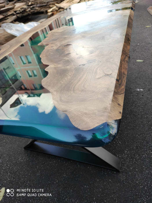 Walnut Dining Table, Wooden Table, Custom 66” x 36” Walnut Deep Ocean Turquoise Green Table, Epoxy River Dining Table, Order for Klif