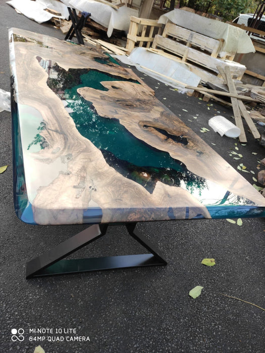 Walnut Dining Table, Wooden Table, Custom 66” x 36” Walnut Deep Ocean Turquoise Green Table, Epoxy River Dining Table, Order for Klif