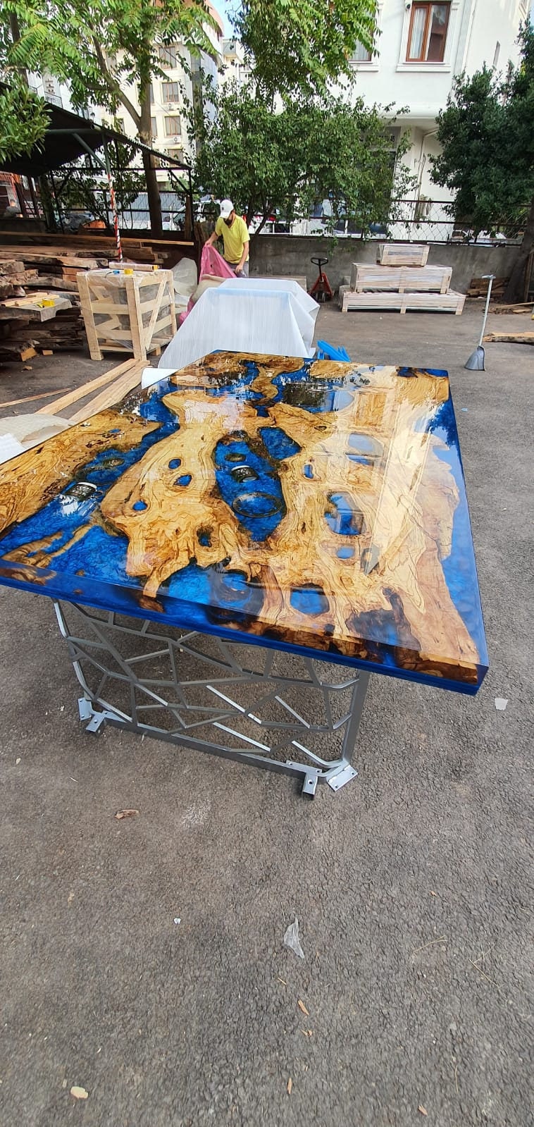 Olive Wood Epoxy Table, Custom 65” x 40” Olive Tree Wood Table, Epoxy ...