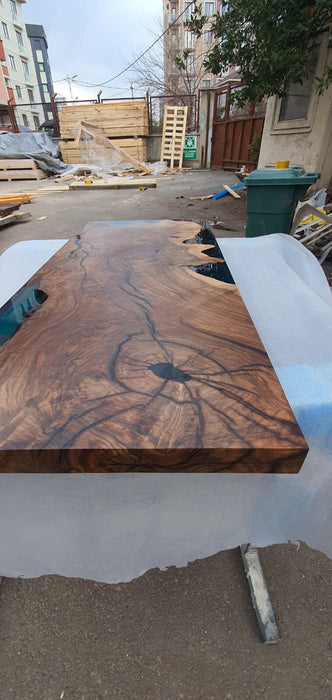 Walnut Dining Table, Epoxy Coffee Table, Custom 40” x 18” Walnut Transparent Translucent Turquoise Epoxy Coffee Table, Order for April