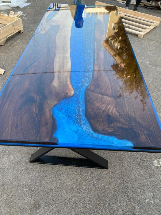 Handmade Epoxy Table, Custom 96” x 40” Walnut Metallic Shiny Black Table, Blue Epoxy River Table, Epoxy River Dining Table, Order for Jacob