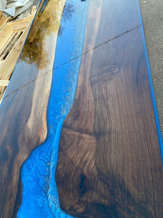 Handmade Epoxy Table, Custom 96” x 40” Walnut Metallic Shiny Black Table, Blue Epoxy River Table, Epoxy River Dining Table, Order for Jacob
