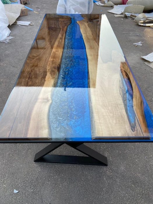 Handmade Epoxy Table, Custom 96” x 40” Walnut Metallic Shiny Black Table, Blue Epoxy River Table, Epoxy River Dining Table, Order for Jacob
