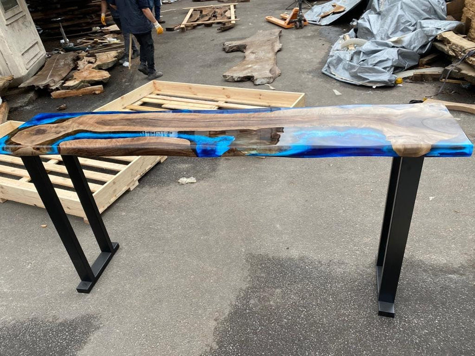 Handmade Epoxy Table, Live Edge Table, Epoxy Table, Custom 85” x 16” Walnut Wood Deep Blue and Turquoise, White Epoxy Table for Denny