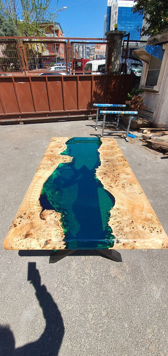 Poplar Table, Epoxy Resin Table, Custom 60” x 35” Poplar Wood Transparent Translucent Turquoise Green Epoxy River Table, Order for Natasha