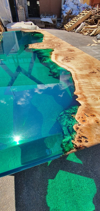 Poplar Table, Epoxy Resin Table, Custom 60” x 35” Poplar Wood Transparent Translucent Turquoise Green Epoxy River Table, Order for Natasha