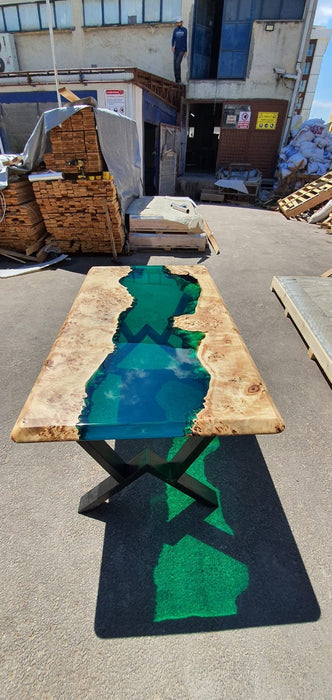 Poplar Table, Epoxy Resin Table, Custom 60” x 35” Poplar Wood Transparent Translucent Turquoise Green Epoxy River Table, Order for Natasha