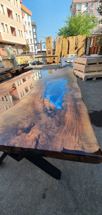 Walnut Dining Table, Custom 80” x 42” Walnut Clear, Blue and White Ocean Waves Epoxy Table, River Dining Table, River Table for Chris A