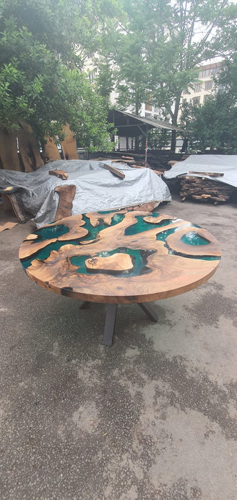 Handmade Round Table, Custom 60” Diameter Round Walnut Wood Table, Light Blue Table, Turquoise Epoxy Dining Table, Custom Order for Rebekah