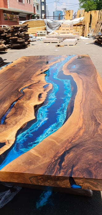 Walnut Dining Table, Custom 113” x 40” Walnut Ocean Blue, Turquoise White Waves Epoxy Table, River Dining Table, Custom Order for Enzo