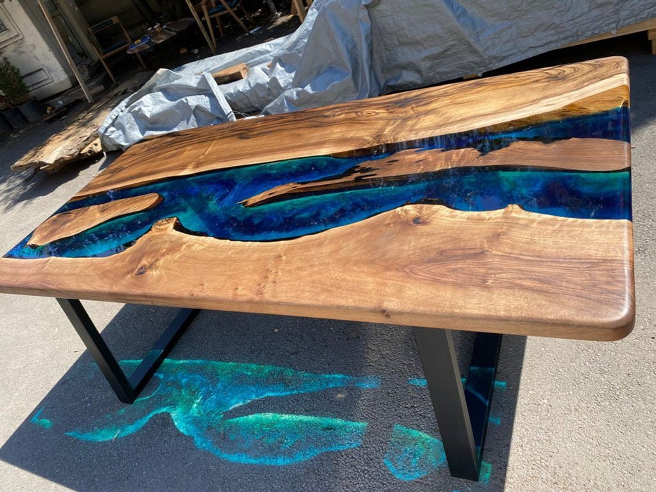 Handmade Epoxy Table, Custom 84” x 42” Walnut Blue, Turquoise, Green Table, Epoxy Dining Table, Epoxy Resin Table, Custom for Sarvani