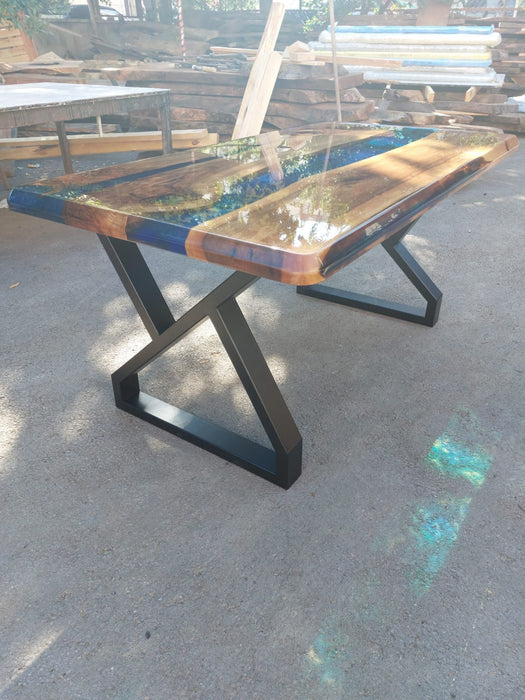 Walnut Dining Table, Epoxy Resin Table, Custom 65” x 36” Walnut Shiny Blue, Turquoise, Green Table, Epoxy Dining Table, Custom for Joshua