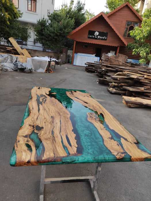 Epoxy Resin Desk, Custom 84” x 42” Olive Emerald Green Epoxy River Dining Table Order for Edward