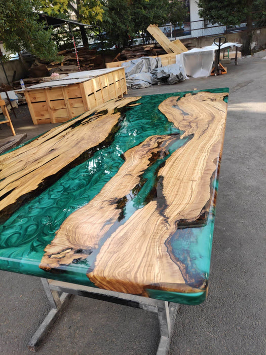 Epoxy Resin Desk, Custom 84” x 42” Olive Emerald Green Epoxy River Dining Table Order for Edward