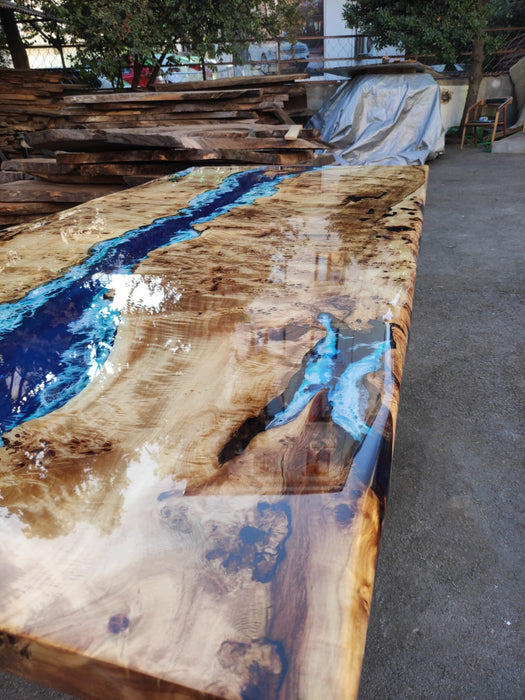 Poplar Table, Epoxy Resin Table, Custom 88” x 42” Poplar Wood Table, Shiny Ocean Blue Table, Epoxy River Table, Custom Order for Natalie