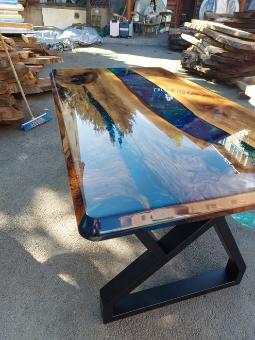 Walnut Dining Table, Epoxy Resin Table, Custom 65” x 36” Walnut Shiny Blue, Turquoise, Green Table, Epoxy Dining Table, Custom for Joshua