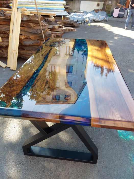 Walnut Dining Table, Epoxy Resin Table, Custom 65” x 36” Walnut Shiny Blue, Turquoise, Green Table, Epoxy Dining Table, Custom for Joshua