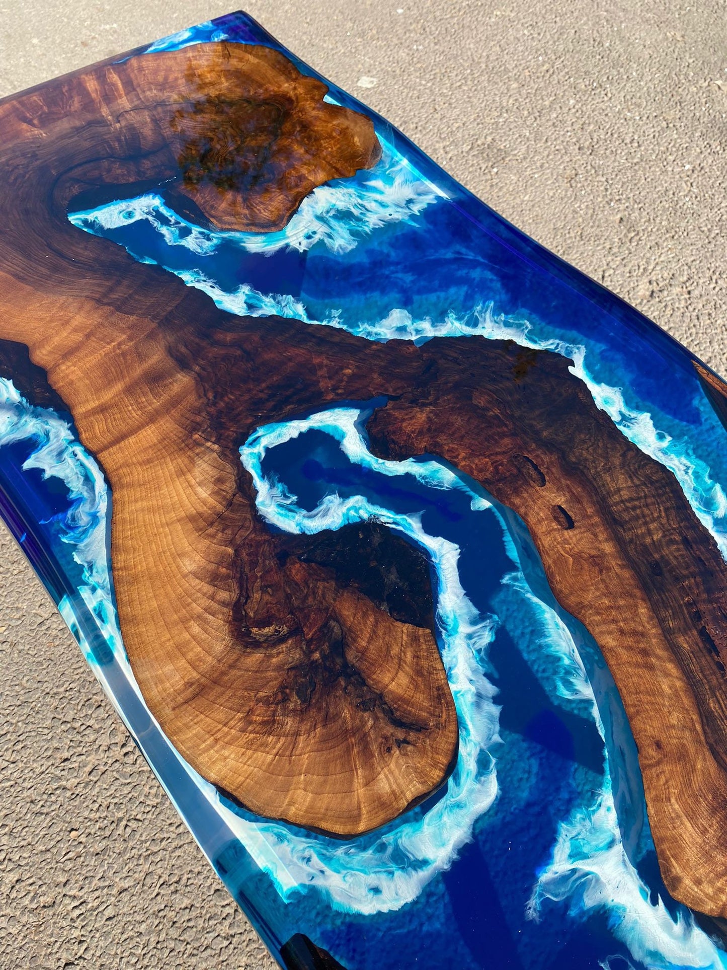 Live Edge Table, Custom 42” x 16” Walnut Ocean Blue, Turquoise White Waves Epoxy Shiny Lake River Table, Live Edge Table Order for Kristin