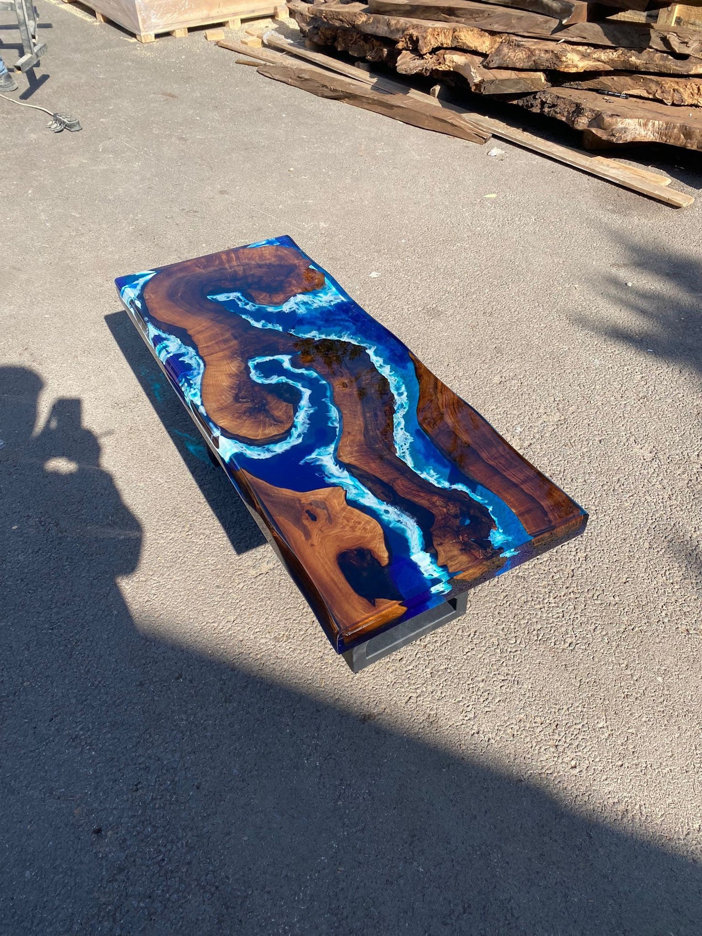 Live Edge Table, Custom 42” x 16” Walnut Ocean Blue, Turquoise White Waves Epoxy Shiny Lake River Table, Live Edge Table Order for Kristin