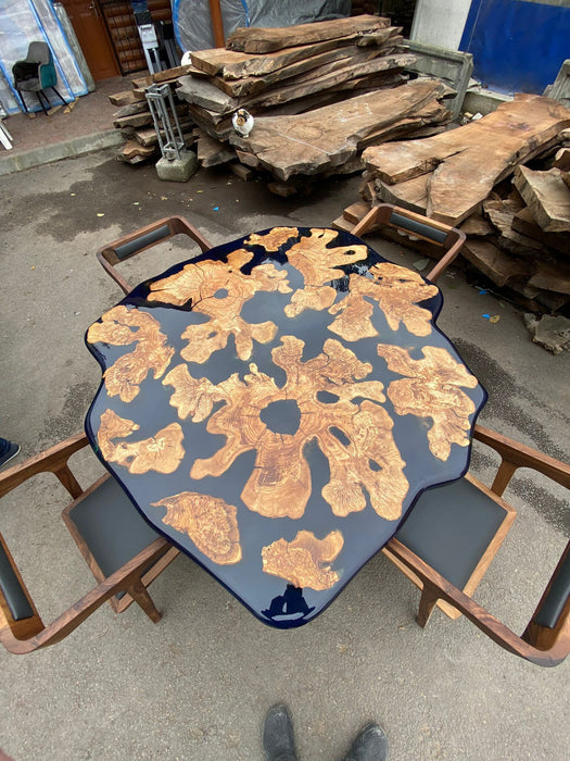 Olive Wood Epoxy Table, Custom 62” Diameter Round Irregular Round Olive Wood Table, Sapphire Blue Epoxy Dining Table, Order for Kimberly L