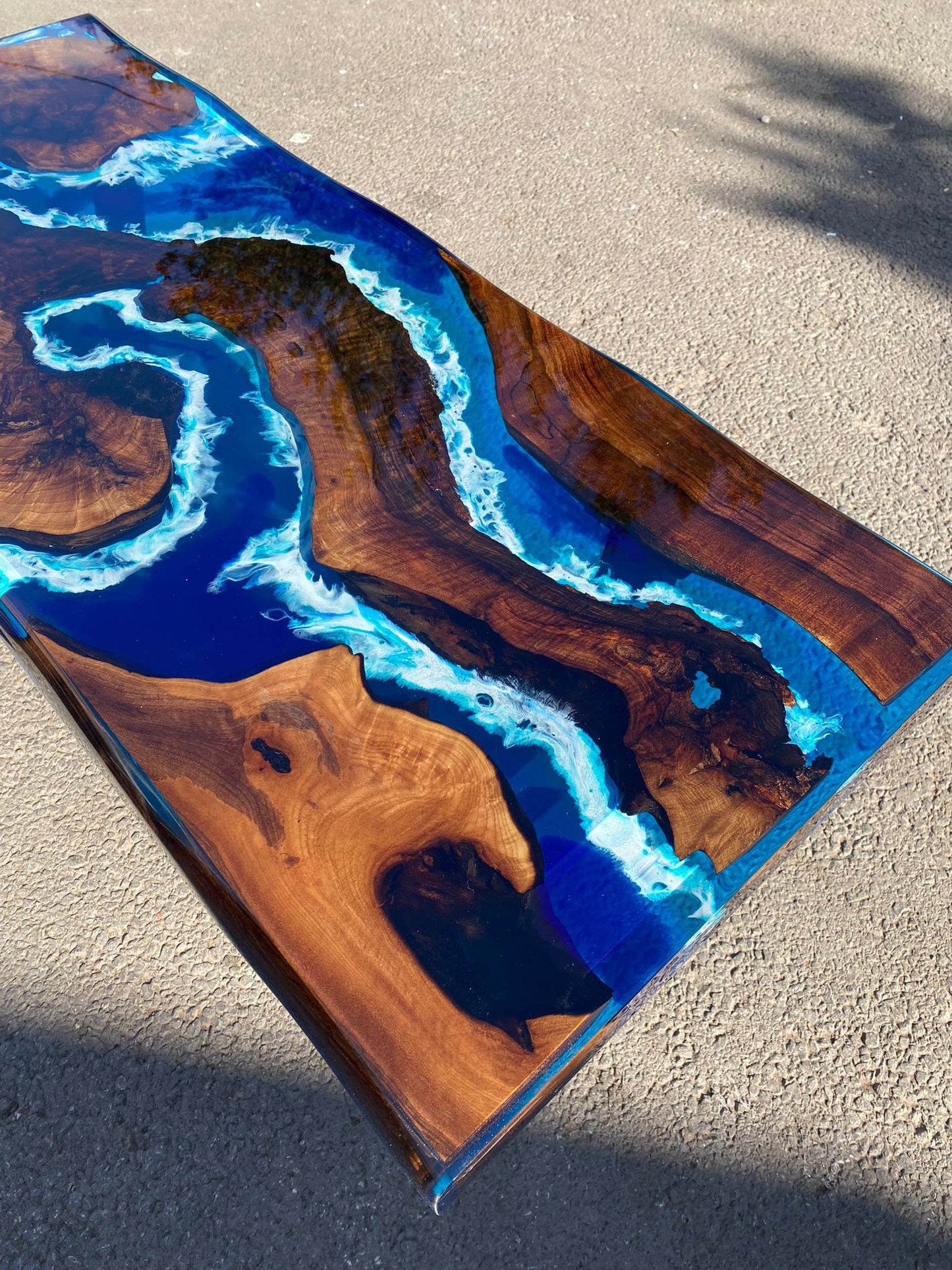 Live Edge Table, Custom 42” x 16” Walnut Ocean Blue, Turquoise White Waves Epoxy Shiny Lake River Table, Live Edge Table Order for Kristin
