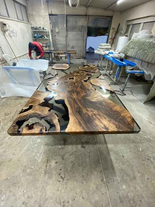 Epoxy Table, Epoxy Dining Table, Walnut Epoxy River Table, Custom 96” x 50” Walnut Smokey Gray Epoxy River Table Order
