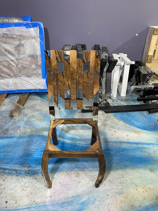 Walnut Epoxy Chair, Handmade Epoxy Resin Dining Room Wooden Chair