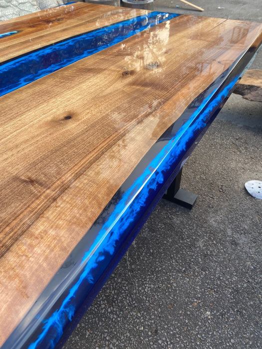 Epoxy Dining Table, Epoxy Resin Table, Custom 96” x 42” Walnut Ocean and Royal Blue, Turquoise White Waves Epoxy Table, Order for Rachele