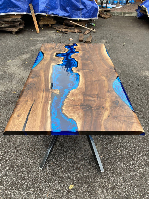 Custom 72” x 42” Walnut Deep Dark Blue and White Swirls Epoxy Dining Table Order for Veronica