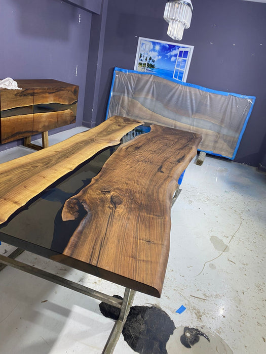 READY TO SHIP Epoxy Table, Epoxy Dining Table, Walnut Epoxy River Table, Custom 110” x 49"-43” Walnut Smokey Gray Epoxy River Table Order