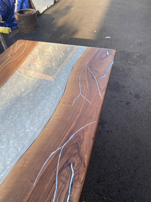 READY TO SHIP Custom 77” x 42” Walnut Metallic Dark Pearl White Epoxy River Table Order