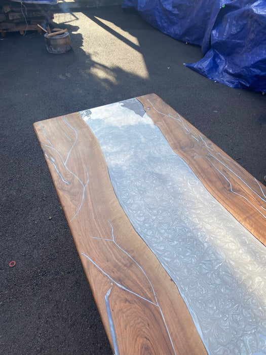 READY TO SHIP Custom 77” x 42” Walnut Metallic Dark Pearl White Epoxy River Table Order