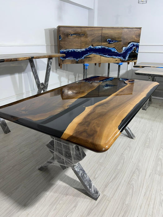 Exquisite Epoxy Creations: Handcrafted Custom Tables for Your Unique Space! Custom 72” x 40” Walnut Shiny Black Epoxy Table for Catina