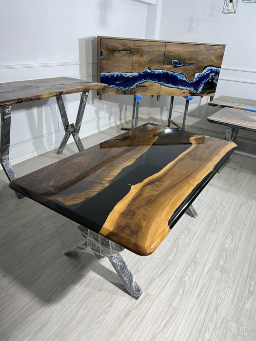 Exquisite Epoxy Creations: Handcrafted Custom Tables for Your Unique Space! Custom 72” x 40” Walnut Shiny Black Epoxy Table for Catina
