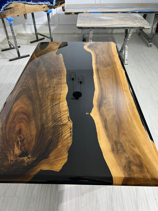 Exquisite Epoxy Creations: Handcrafted Custom Tables for Your Unique Space! Custom 72” x 40” Walnut Shiny Black Epoxy Table for Catina