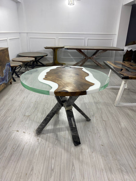 Round Dining Table, Custom 42” Diameter Round Table, Walnut Wood White and Clear Epoxy Resin Table, Order Name Logo for Melanie
