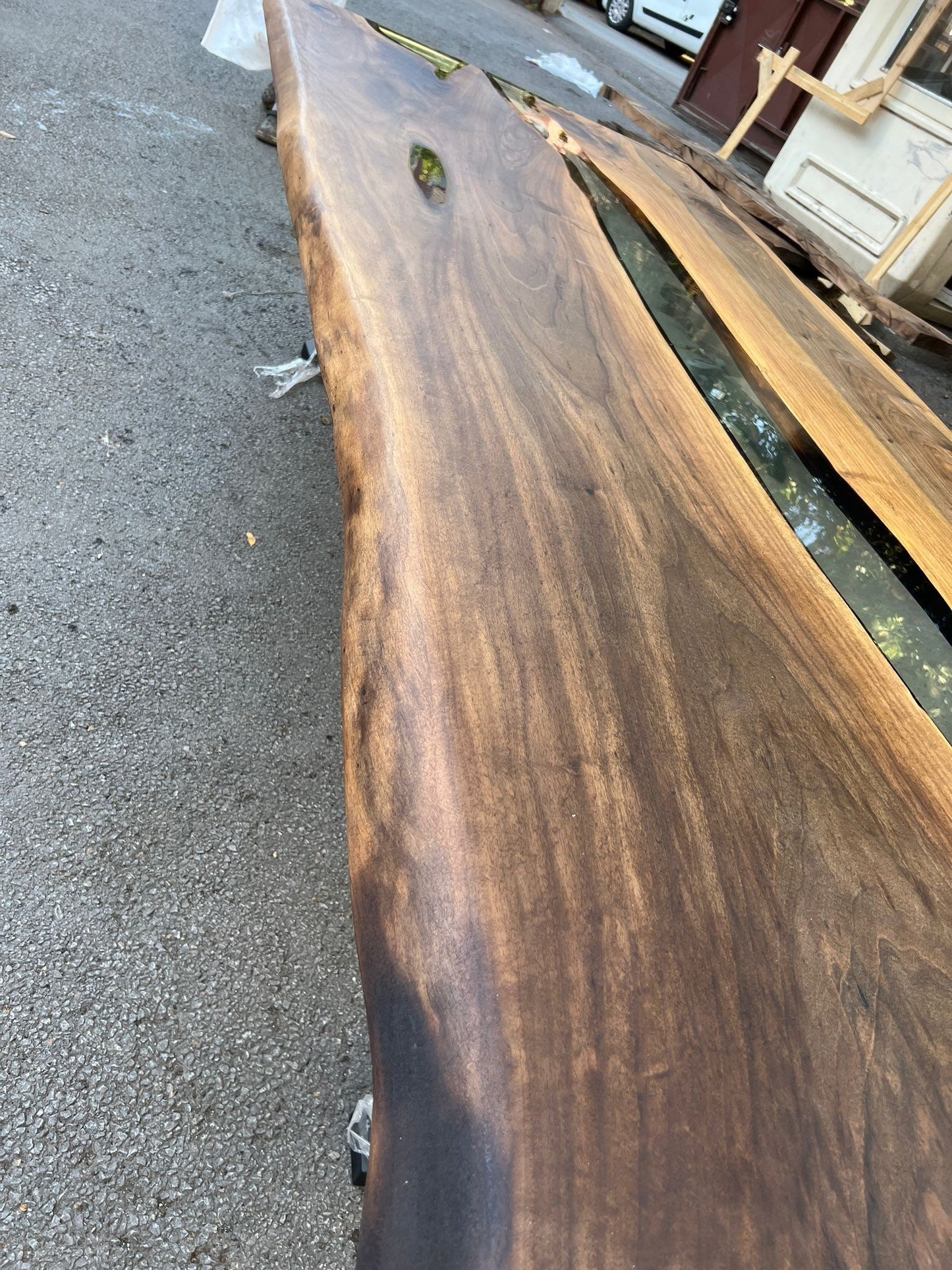 Epoxy Table, Epoxy Dining Table, Walnut Epoxy River Table, Custom 109” x 48” Walnut Clear Epoxy River Table Order for Ryan