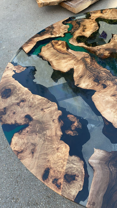 Epoxy Table, Epoxy Dining Table, Walnut Epoxy Round Dining Table, Custom 42” Round Walnut Wood Clear and Green Epoxy Table Order for Katie