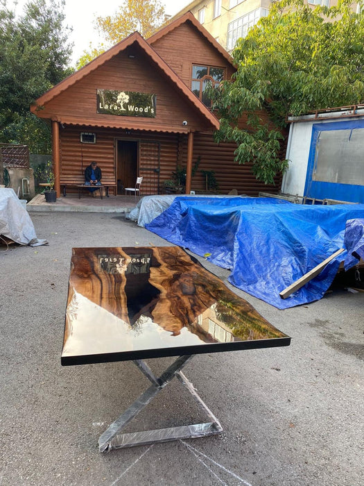 Live Edge Table, Epoxy Resin Table, Epoxy Dining Table, Custom 78" x 40" Walnut Shiny Black Epoxy River Table, Custom Order for Liljana
