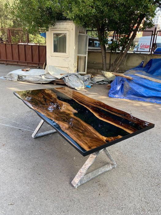 Live Edge Table, Epoxy Resin Table, Epoxy Dining Table, Custom 78" x 40" Walnut Shiny Black Epoxy River Table, Custom Order for Liljana