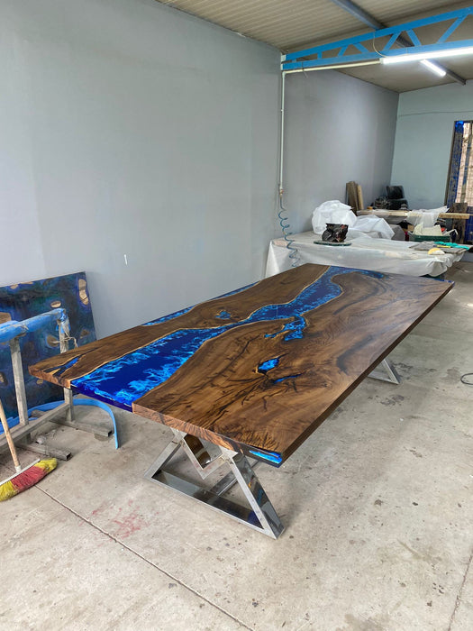 Hackberry Wood Dining Table, Custom 108” x 48” Dark Hackberry Blue Epoxy Dining Table, Live Edge River Table, Custom Order for Loretta