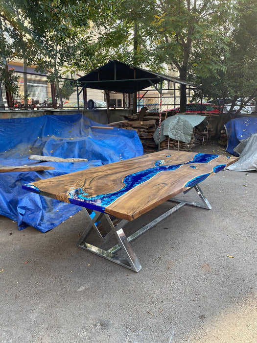 Hackberry Wood Dining Table, Custom 108” x 48” Dark Hackberry Blue Epoxy Dining Table, Live Edge River Table, Custom Order for Loretta