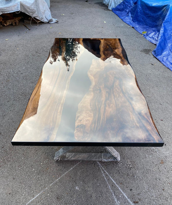 Live Edge Table, Epoxy Resin Table, Epoxy Dining Table, Custom 78" x 40" Walnut Shiny Black Epoxy River Table, Custom Order for Liljana