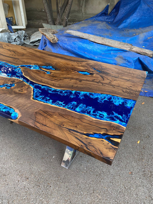 Hackberry Wood Dining Table, Custom 108” x 48” Dark Hackberry Blue Epoxy Dining Table, Live Edge River Table, Custom Order for Loretta