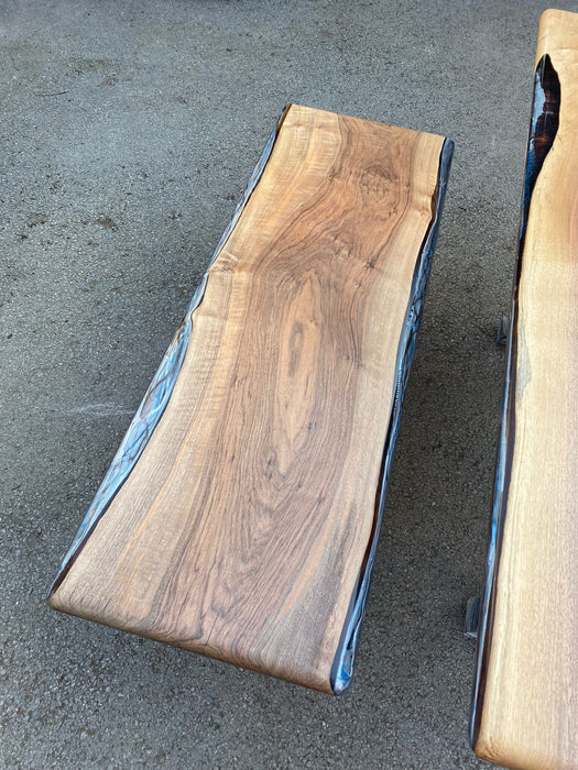 Walnut Dining Table Bench, Live Edge Epoxy Resin Bench, Custom 50” x 17” Walnut Blue Gray Bench, Epoxy Dining bench Order for Mark B
