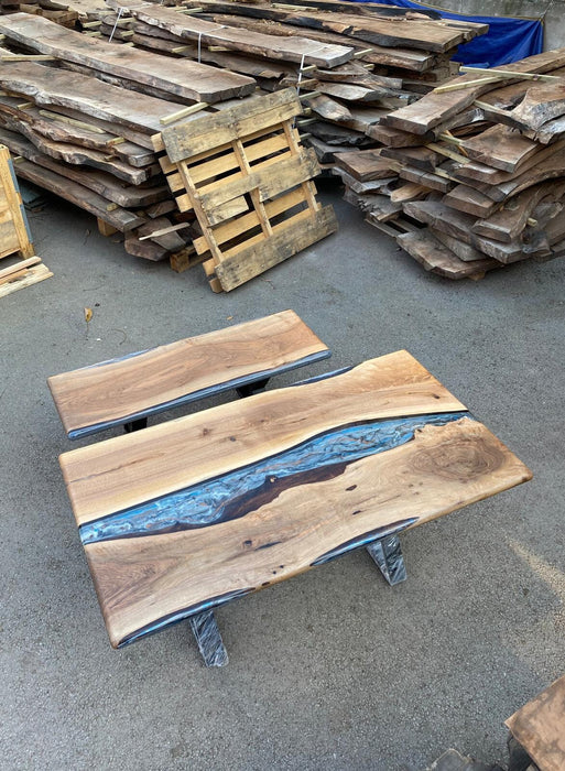 Walnut Dining Table Bench, Live Edge Epoxy Resin Bench, Custom 50” x 17” Walnut Blue Gray Bench, Epoxy Dining bench Order for Mark B